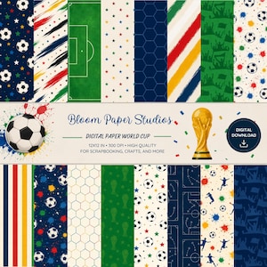 Soccer Digital Paper Pack | 16 Sports Scrapbook Papers | 12x12 Printable JPG | Football Pattern Bundle | Kids Birthday | Instant Download