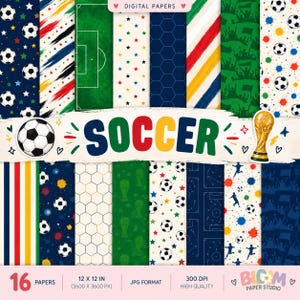 Puede incluir: Una colección de 16 papeles digitales con diseños de temática de fútbol que incluyen balones, marcas de campo, patrones de estrellas, siluetas de trofeos y multitudes animando en una paleta de colores azul, verde, rojo, amarillo y blanco.