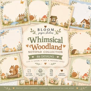 Peut inclure: Une collection numérique de 46 modèles de blocs-notes intitulée Bloom Paper Studios Whimsical Woodland. L'ensemble présente des feuilles de papeterie carrées illustrées de lapins, escargots, canards, hérissons, écureuils, champignons et maisons. Fichiers 9x9 cm.