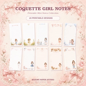 Puede incluir: Una colección de mini hojas de notas imprimibles titulada COQUETTE GIRL NOTES, que presenta 24 diseños imprimibles. Cada hoja rectangular incluye líneas horizontales y varias ilustraciones de chicas con diferentes atuendos y entornos, sobre un fondo rosa suave con lazos decorativos y bordes florales.