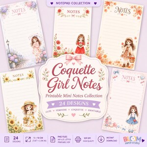 Pode incluir: Uma coleção de cinco blocos de notas retangulares imprimíveis com ilustrações de meninas em vários cenários sazonais com detalhes florais. A etiqueta central exibe o texto Coquette Girl Notes Printable Mini Notes Collection 24 DESIGNS.