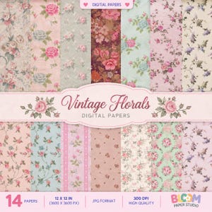 Puede incluir: Una colección de 14 papeles digitales con varios patrones florales en tonos rosa, verde, azul y crema. El texto dice Vintage Florals DIGITAL PAPERS, 14 PAPERS, 12 X 12 IN, 3600 X 3600 PX, JPG FORMAT, 300 DPI HIGH QUALITY, BLOOM PAPER STUDIO.