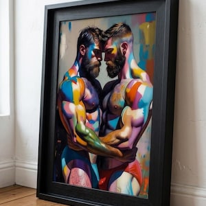 Konsttryck med engagerat homosexuellt par, regnbågsomfamning, HBTQ-väggkonst (digital nedladdning)