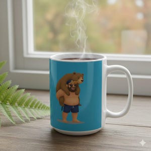 May include: White ceramic mug with a blue band featuring a cartoon illustration of a man carrying a bear on his back. The man wears sunglasses and swim trunks. Steam rises from the dark liquid inside the mug.