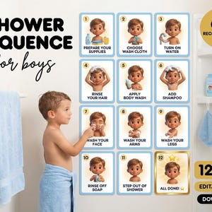 Puede incluir: Un conjunto de 12 tarjetas ilustradas tituladas "Secuencia de ducha para niños" con pasos para ducharse. Las tarjetas presentan a un niño de dibujos animados que demuestra cada paso, desde la preparación de los suministros hasta el enjuague con jabón. Se incluye el texto "OT Recomendado".