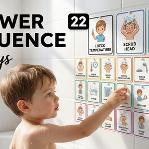 May include: A young boy in a bathtub points at a set of illustrated cards depicting a shower sequence for boys. The cards show steps like checking the temperature, scrubbing the head, and rinsing the body. The text "SHOWER SEQUENCE for boys" is displayed.