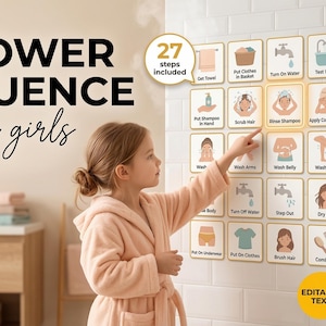 Puede incluir: Una niña con una bata rosa señala una tabla de rutina de ducha con 27 pasos. La tabla incluye pasos ilustrados como "Enjuagar el champú" y "Secar el cabello". Las palabras "SHOWER SEQUENCE for girls" están en la parte superior.