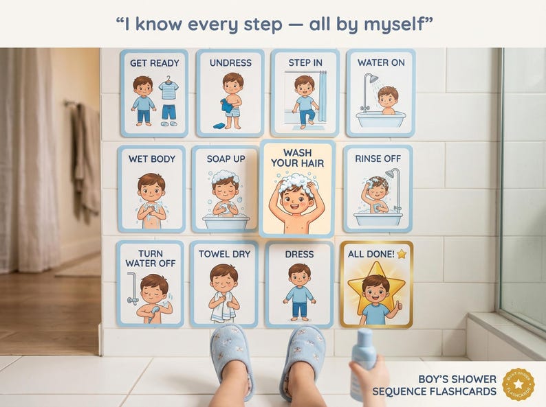 Boys Shower Routine Visual Cards | Autism, ADHD, Special Needs Sequence ...