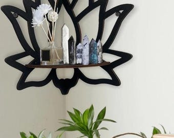 Bohemian Lotus Wooden Corner Shelf – Aromatherapy & Essential Oil Organizer