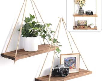 Estante flotante de pared con cuerda colgante de madera para plantas y decoración del hogar.