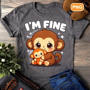 Puede incluir: Camiseta gris oscuro con un diseño de mono de dibujos animados. La imagen muestra un mono marrón abrazando a un mono naranja, con el texto "I'M FINE" encima. Los monos tienen ojos grandes. La camiseta es de manga corta y de material suave.