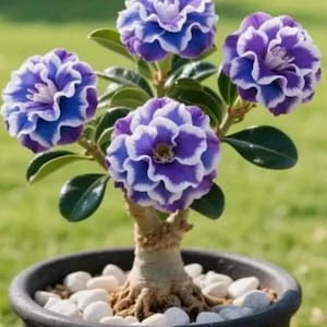 May include: A potted flowering plant with vibrant blue and purple blooms edged in white. The flowers are clustered atop green leaves and a thick, textured trunk. The plant sits in a black pot filled with white pebbles, set against a blurred green background.