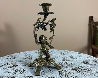 Vintage Brass Candlestick Heavy Solid Metal Holder Classic Mid Century Mantel Table Decor