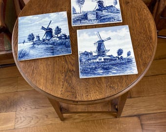 Set of 3 Delft Blue Tiles Holland Windmill Landscape Vintage Decor 6 inch