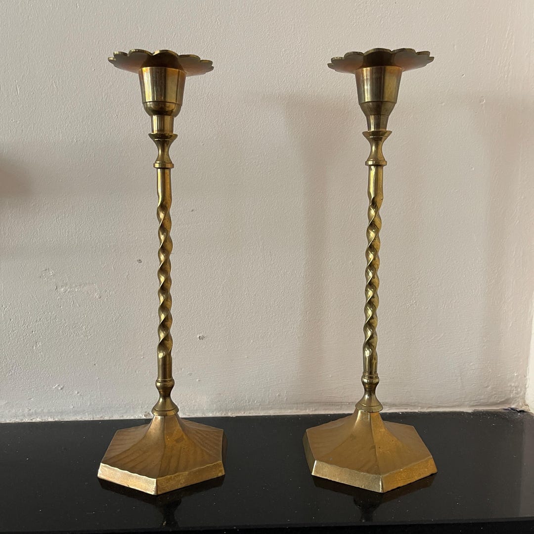 Pair Vintage Brass Barley Twist Candlesticks German Mid Century Spiral 