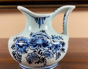 Delft Blue Pitcher Vintage Hand Painted Floral Dutch Ceramic Jug Holland 1960s Decor