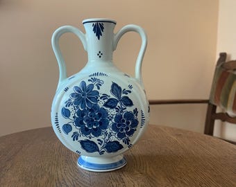 Delft Blue Canteen Vase Hand Painted Holland Distel Flask Shape Floral 7 inch Tall