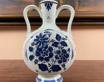 Delft Blue Flask Vase Hand Painted Holland Distel Canteen Shape Floral 7.5 inch Tall