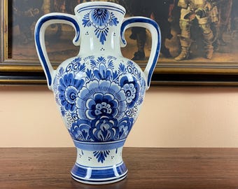 Large Delft Blue Handled Vase Holland Hand Painted Floral Double Handle 12 inch Tall