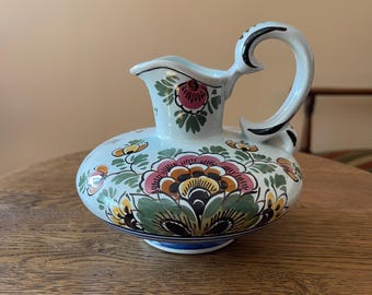 Delft Polychrome Vase De Delftse Pauw Hand Painted Dutch Floral 1970s Handle Jug