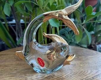 Vintage Murano Glass Fish Sculpture: Hand-Blown Italian Art Glass with Gold Accents