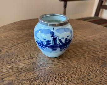 Delft Blue Barrel Jar Vintage Dutch Windmill Ceramic Metal Rim Holland Decor