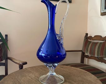 Large 13.5 inch Cobalt Blue Art Glass Ewer Hand Blown Italian Carafe Twisted Handle