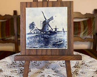 Vintage Delft Blue Tile Hand Painted Dutch Windmill Canal Scene Wood Mounted Base