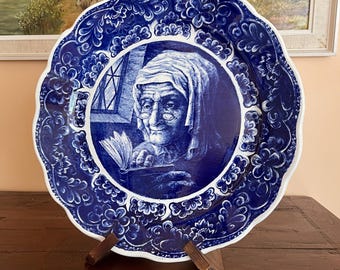 Delft Blue Wall Charger Plate Reading Woman Scene Boch Belgium Oversized 15.25 inch