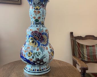 Large Polychrome Delft Style Vase Holland Hand Decorated Floral 14 inch