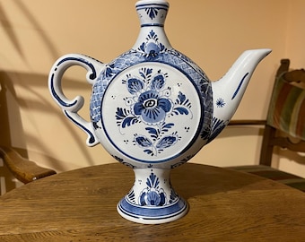 Large 10 inch Delft Blue Ewer Vase Hand Painted Dutch Pedestal Pitcher Floral Art