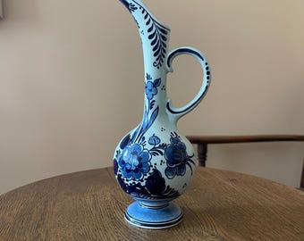Hand Painted Delft Blue Pitcher Vase Royal Goedewaagen Floral Decor