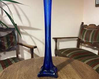 Tall 12 inch Cobalt Blue Glass Vase Polish Art Glass Minimalist Decor Square Base