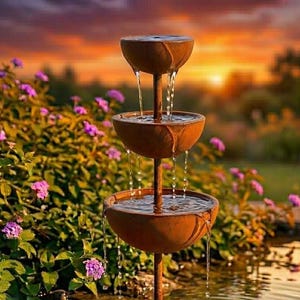 Può includere: Fontana d'acqua a tre livelli all'aperto con acqua a cascata in un piccolo laghetto. La fontana è realizzata in metallo marrone arrugginito ed è circondata da fiori viola e vegetazione. Lo sfondo presenta un tramonto con tonalità arancioni e gialle.