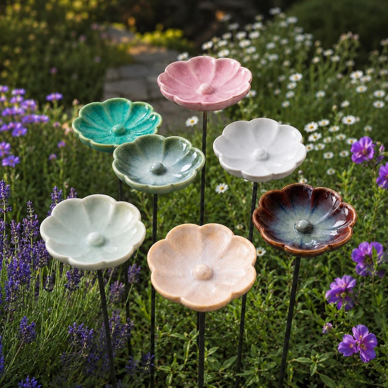 3er-Set Vogeltränke Als Blumenstecker – Keramikblüte, Wetterfest, Für Bienen, Vögel & Insekten – Gartendeko Mit Wasserstelle