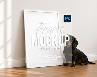 Dachshund poster mockup | White frame wall art display with dog in minimal home interior, PSD digital download template