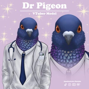 May include: Digital illustration of a pigeon character named "Dr Pigeon" wearing a white lab coat, blue tie, and stethoscope. The image includes the text "VTuber Model" and social media icons. The pigeon has blue and purple feathers.