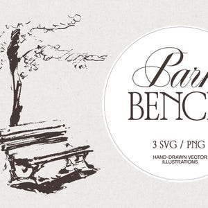 May include: Hand-drawn illustration of a park bench and tree in a sketch style. A circular graphic with the words "Park BENCH" is also included. The image also includes the text "3 SVG / PNG" and "HAND-DRAWN VECTOR ILLUSTRATIONS".