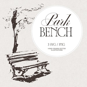 May include: A black and white hand-drawn vector illustration of a park bench situated beneath a tree. A circular white badge overlays the image, featuring the text Park BENCH, 3 SVG / PNG, and HAND-DRAWN VECTOR ILLUSTRATIONS in black font.
