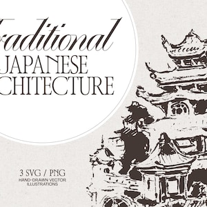 Op de afbeelding: Illustratie van traditionele Japanse architectuur in bruine inkt, met een pagode en andere gebouwen. De tekst "Traditional Japanese Architecture" staat in een witte cirkel.