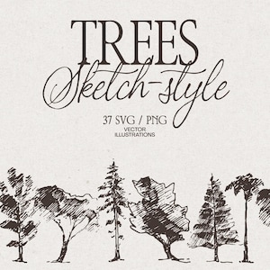 Puede incluir: Una colección digital de 37 ilustraciones de árboles en estilo boceto, con dibujos a tinta marrón oscuro sobre un fondo beige claro. El texto dice TREES Sketch-style 37 SVG / PNG VECTOR ILLUSTRATIONS, mostrando varias especies de árboles.