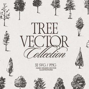 May include: A collection of hand-drawn tree illustrations in black ink on a cream background. The text "TREE VECTOR Collection" is displayed in a serif font. The image includes 32 SVG/PNG illustrations.