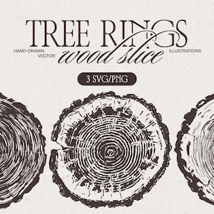 May include: Illustration of three wood slice tree rings in a brown and white color scheme. The text "TREE RINGS wood slice" is at the top, with "HAND-DRAWN VECTOR ILLUSTRATIONS" below. A dark brown oval indicates "3 SVG/PNG".
