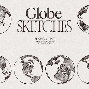 Könnte beinhalten: Eine Sammlung handgezeichneter Globus-Skizzen in dunkelbrauner Tinte auf hellem Hintergrund. Der Text lautet Globe SKETCHES 9 SVG / PNG HAND-DRAWN VECTOR ILLUSTRATIONS. Sechs kreisförmige Illustrationen zeigen verschiedene Ansichten der Kontinente.