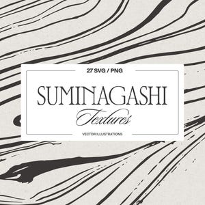 May include: A digital graphic featuring black flowing, marbled lines on a light gray background. A central white rectangular box contains the text 27 SVG / PNG, SUMINAGASHI Textures, and VECTOR ILLUSTRATIONS in black serif and script fonts.