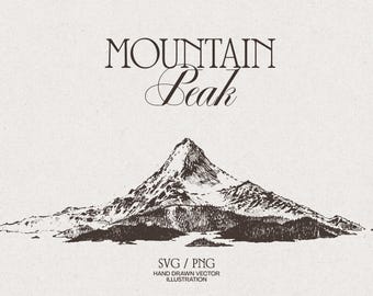 Hand-Drawn Mountain Peak Vector Illustration, Alpine Silhouette Clipart (SVG, EPS, PNG)
