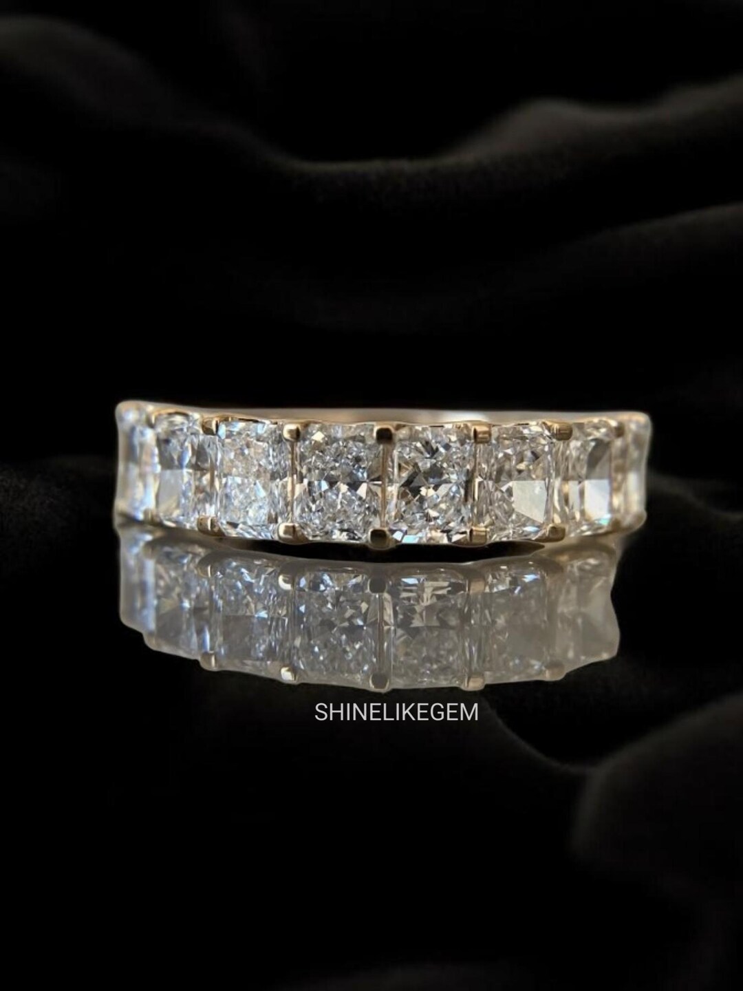 Radiant Cut Moissanite Diamond Half Eternity Band Ring, 14K Gold Plated ...