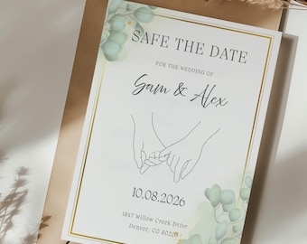 Plantilla de invitación para guardar la fecha con eucalipto, diseño floral dibujado a mano para bodas, invitación editable en Canva.