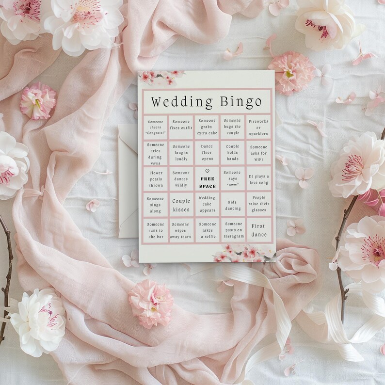 Wedding bingo printable game styled mockup with pink cherry blossom flowers, elegant wedding reception table game for guests
