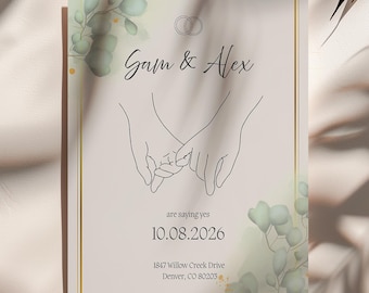 Plantilla de invitación de boda editable en Canva: eucalipto, oro, botánica, boho, rústica, inclusiva, género neutro.
